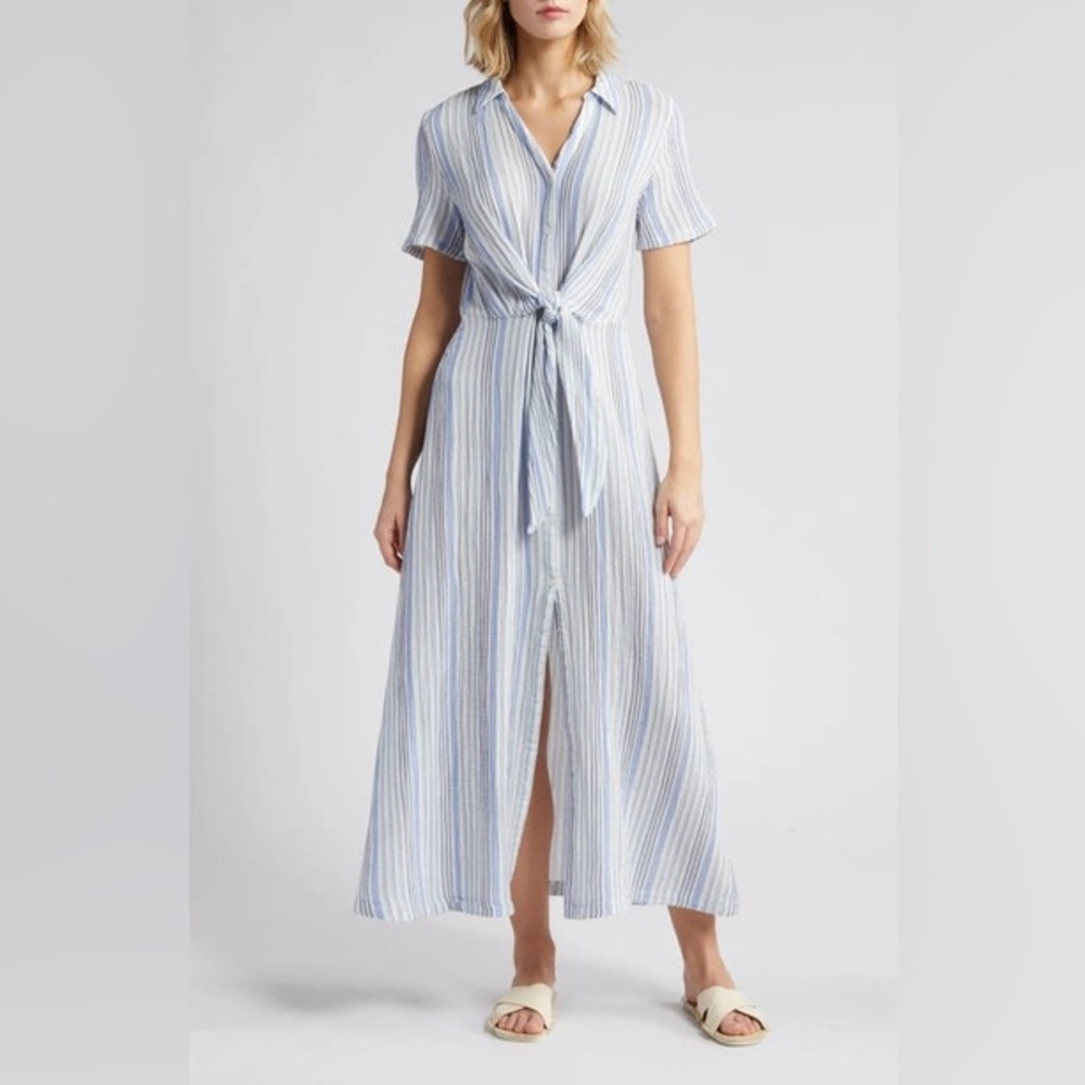 CASLON
Stripe 💯 %Cotton Gauze Shirtdress In Ivory Cloud- Blue Vera Stripe
